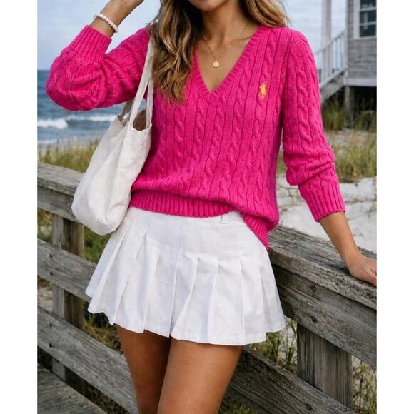 Polo Ralph Lauren Sweaters - Vintage Ralph Lauren Sport Women's Cable Knit Sweater Size Medium Pink w/yellow
